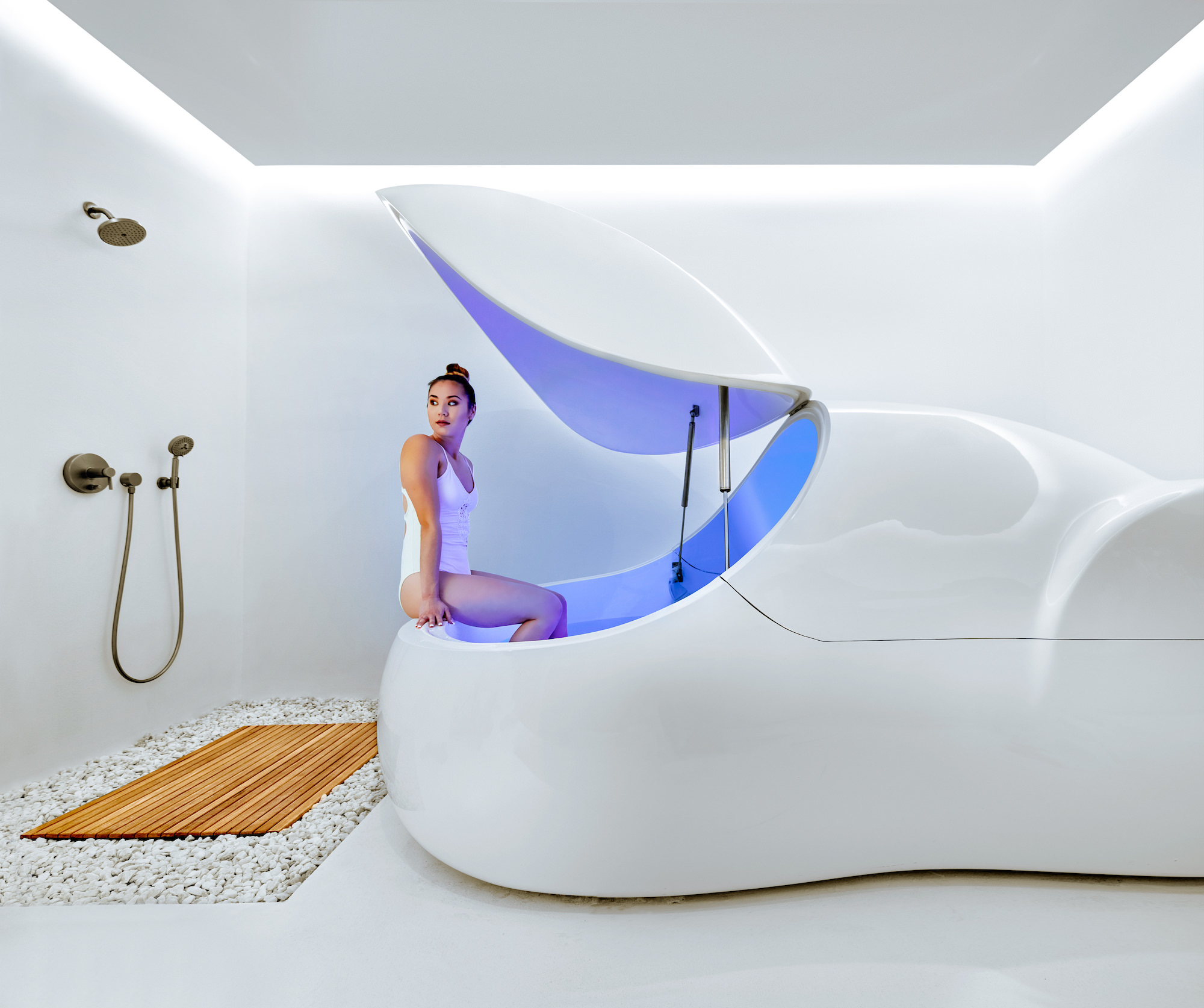 Woman in Bathing Suit in Float Pod at Float Station
